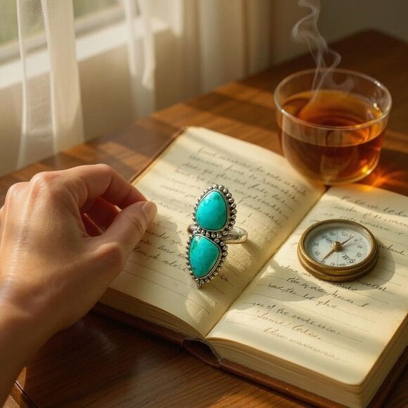 Southwestern Kingman Double Turquoise Statement Boho Ring Sterling Silver Size 6 - Picture 4 of 8